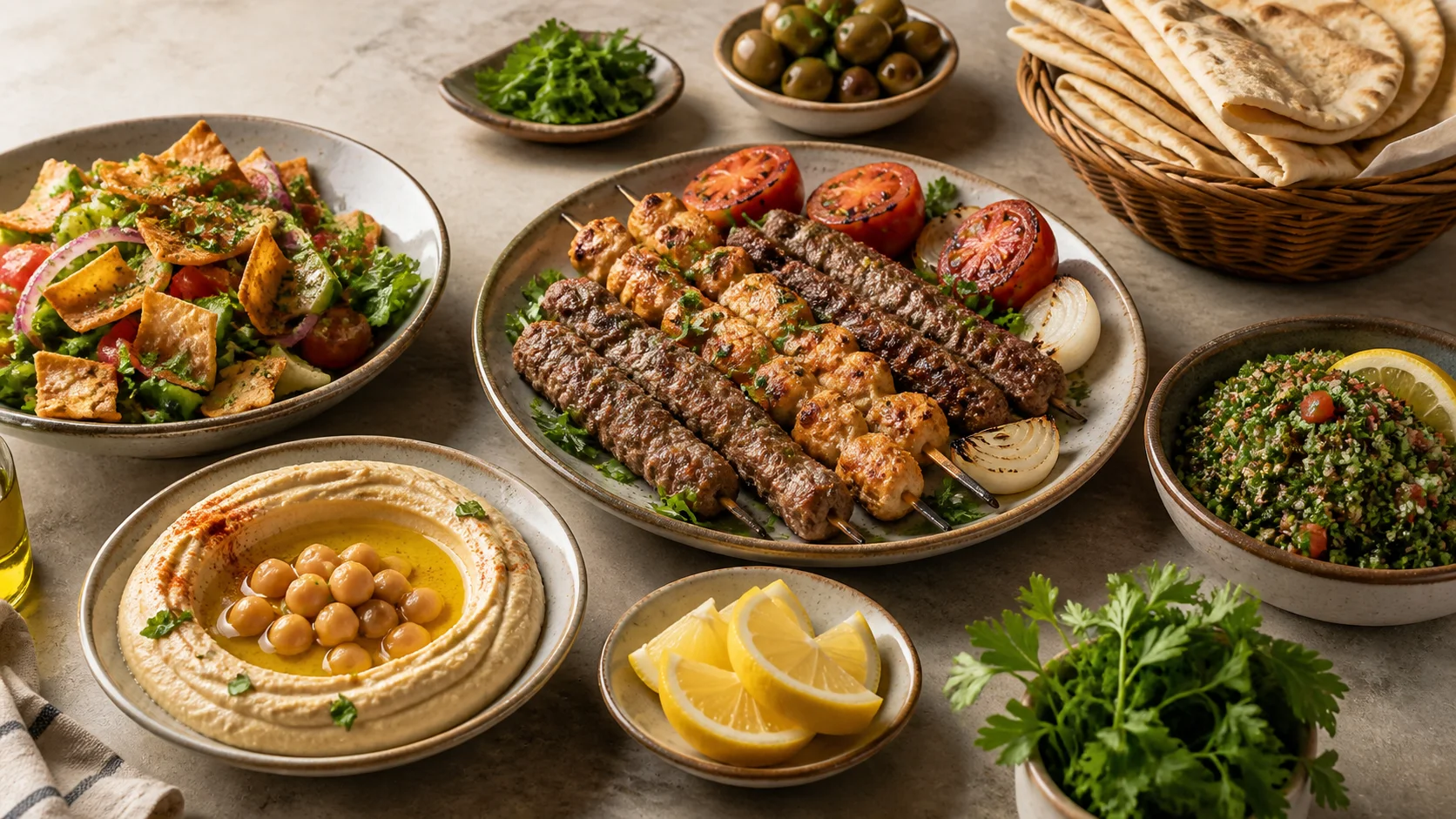 A Lebanese table with hummus, fattoush, grilled meats, tabbouleh and flatbread